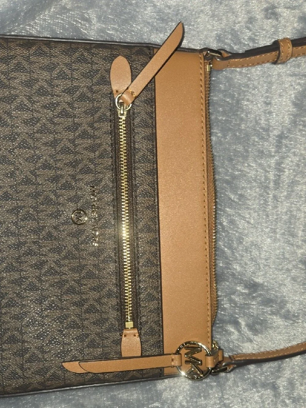 Michael Kors Brown Logo Crossbody with Tan Trim and Gold Hardware
